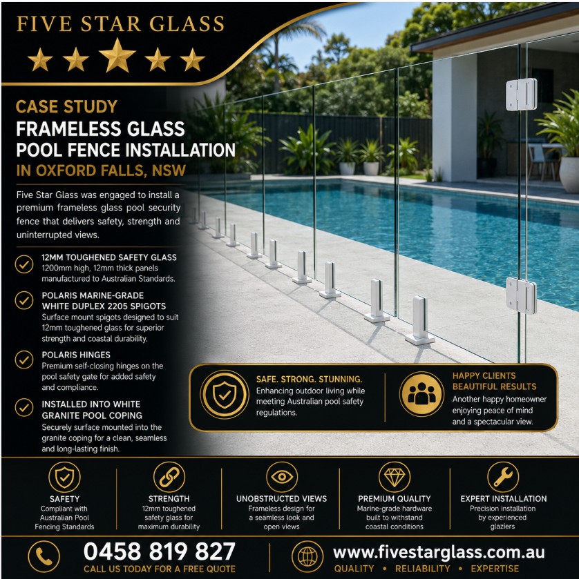 Frameless glass pool fencing installation Oxford Falls QLD